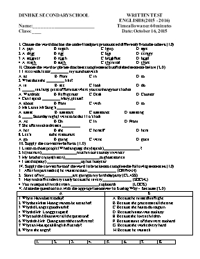 Đề khảo sát học sinh giỏi cấp huyện môn Tiếng Anh Lớp 8 - Năm học 2015-2016 - Trường THCS Đình Kê (Có đáp án)